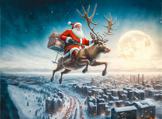 Santa claus on a reindeer flying above a winter city