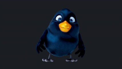 Fun 3D cartoon black bird talking and presenting (with alpha channel)
