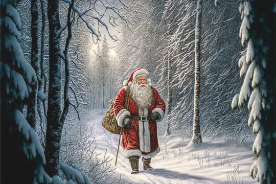 Santa claus figure walking in a beautiful winter forest