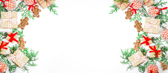 Christmas holiday banner with gift box, gingerbread