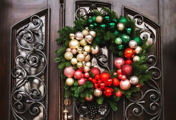 Holiday christmas wreath with balls on front door