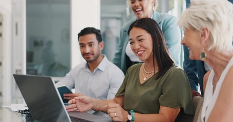 Laptop, online meeting and business people in office for planning, proposal or startup idea, happy and excited. Business meeting, video call and team with vision for company, goal and innovation - Powered by Adobe