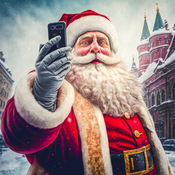 Santa claus making a selfie in a winter city