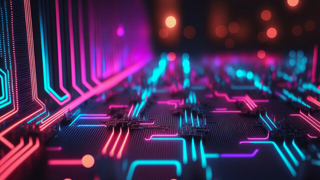 Abstract geometric background 3d render, shapes and neon lines glowing in ultraviolet light, generative AI 