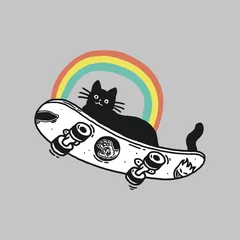 Poster Cat on a skateboard with a rainbow vector illustration design © rupa