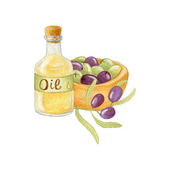 Olives. Green and Purple Olives in a Wooden Bowl and Olive Branhc. Illustration Isolated on White Background. Hand Drawing. Bottle of Olive Oil.