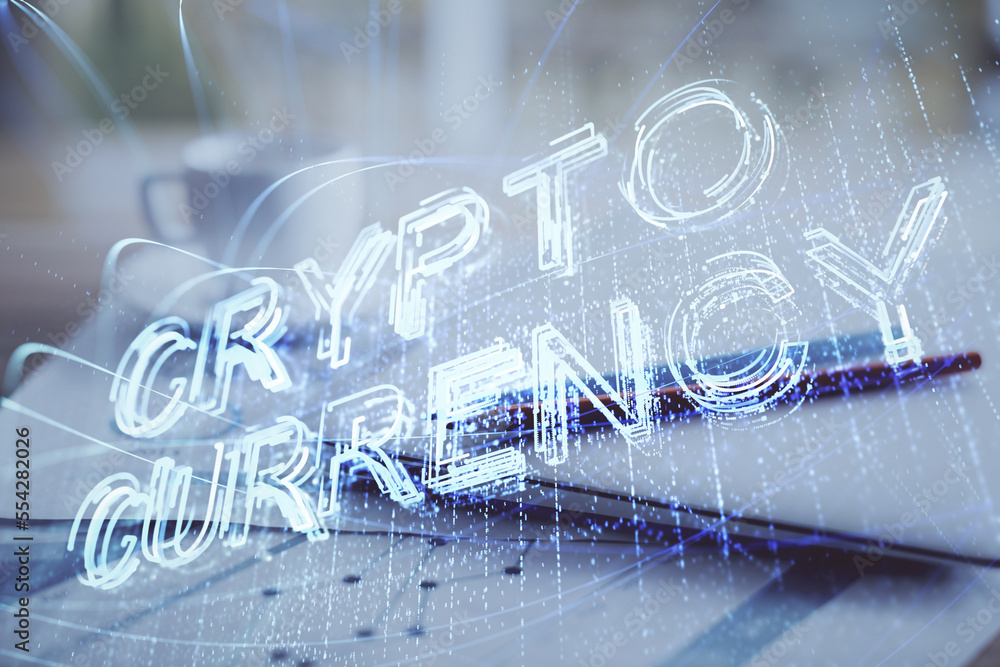 Poster Double exposure of blockchain and crypto economy theme hologram and table with computer background. Concept of bitcoin cryptocurrency.