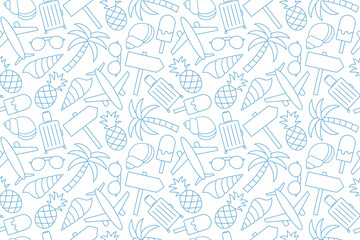 summer travel seamless pattern with airplane, palm tree, suitcase, pineapple, sunglasses, signboard, shell, ice cream outline icons- vector illustration