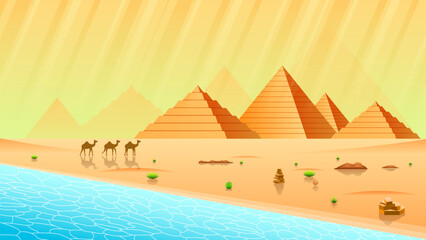 Abstract Orange Desert Background Silhouette With Pyramids, Oasis And Camel Vector Design Style Nature Landscape