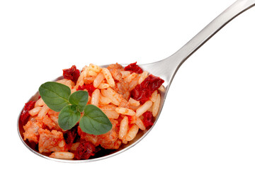Spoon with boiled rice (risotto) with dried tomatoes, meat and oregano isolated png