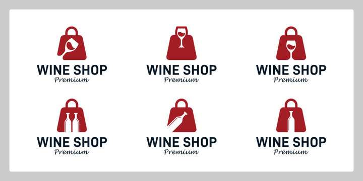 Set of wine glass shop logo design template with shopping bag, wine bottle graphic design illustration. icon, symbol, creative.