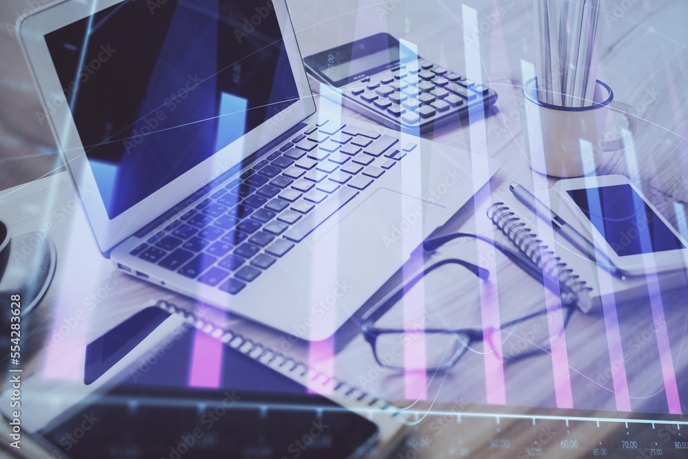 Aufkleber stock market graph on background with desk and personal computer. double exposure. concept of financ