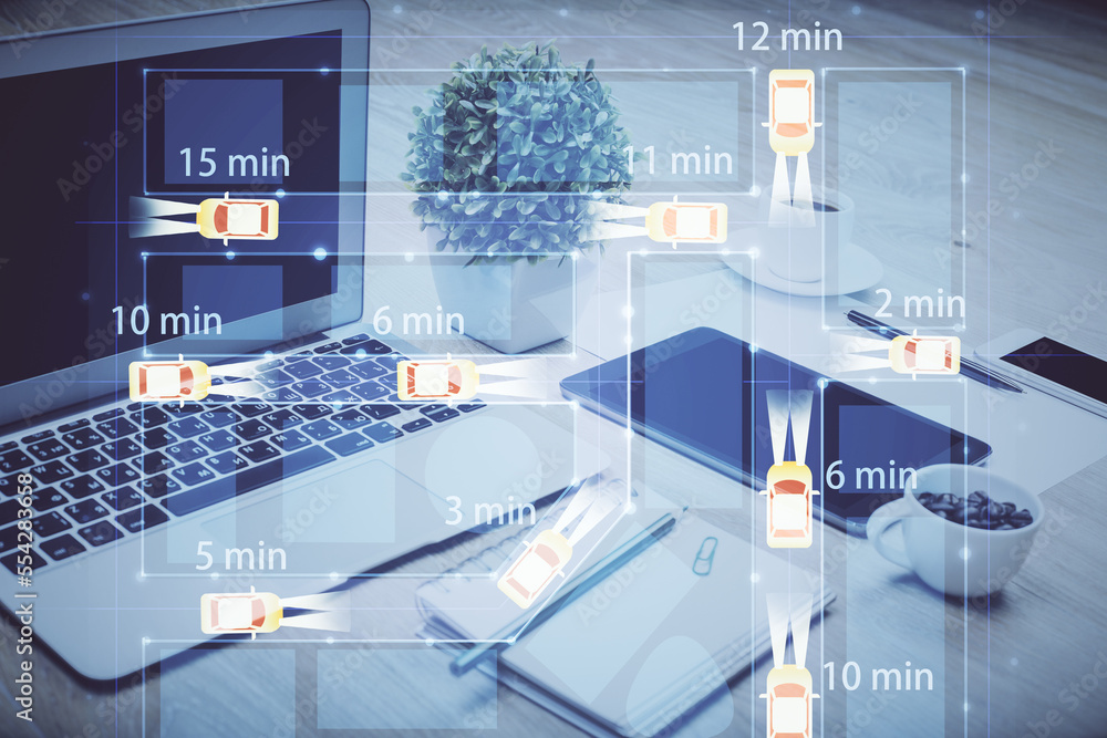 Poster Desktop computer background in office with automobile hologram drawing. Multi exposure. Tech concept.