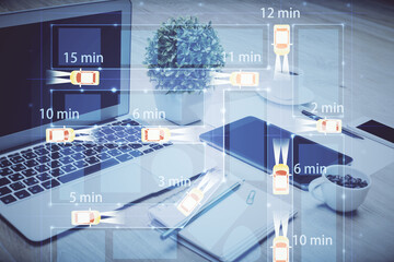 Desktop computer background in office with automobile hologram drawing. Multi exposure. Tech...