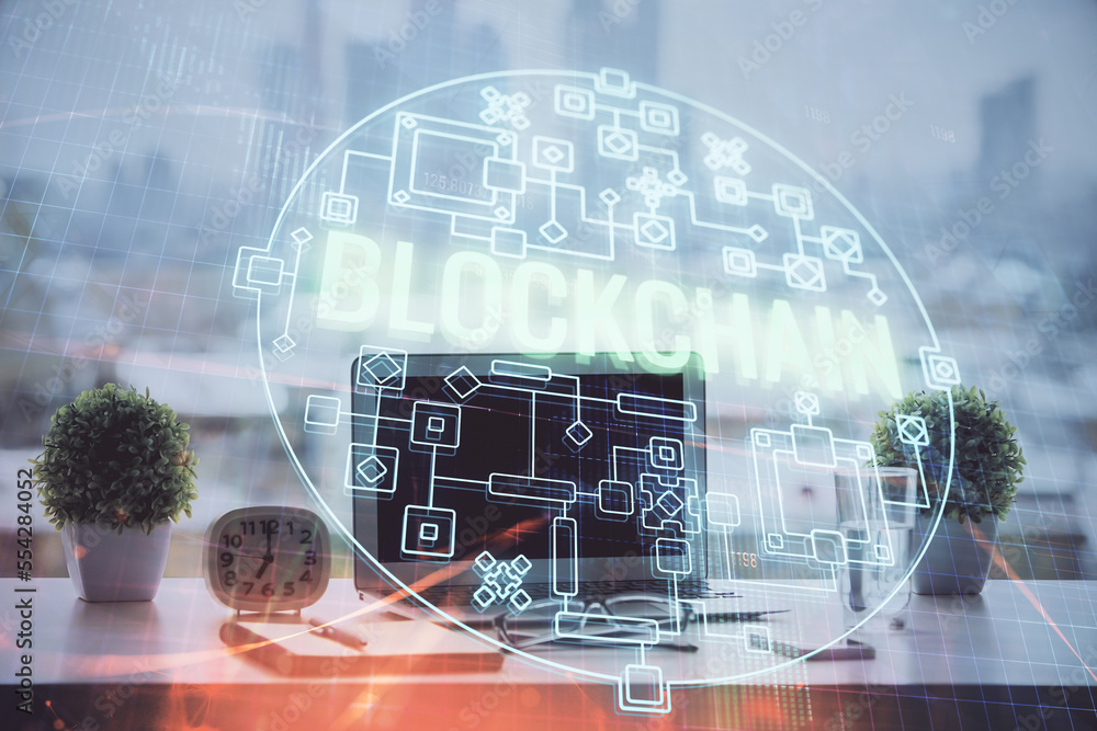 Aufkleber Double exposure of blockchain and crypto economy theme hologram and table with computer background. Concept of bitcoin cryptocurrency.