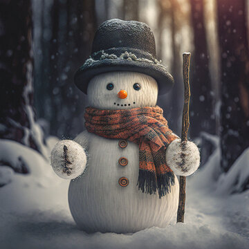 Cute funny snowman standing in a winter forest environment