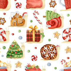 Watercolor seamless pattern of christmas tree and cute snail.