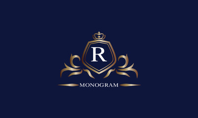 Gold luxury initial R logo. Elegant vector initial letter monogram design as emblem, business sign
