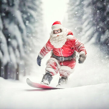Santa claus on a snowboard going downhill in a winter forest