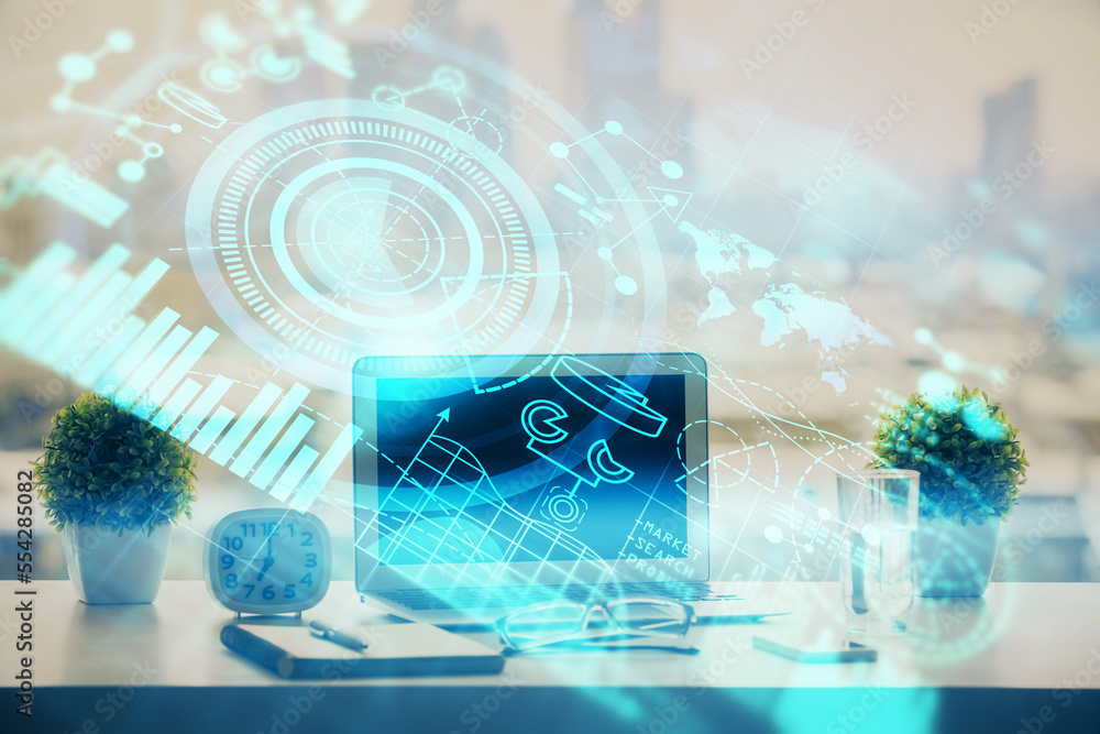 Poster Double exposure of business theme icons and work space with computer background. Concept of success.