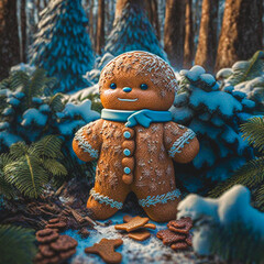 Cute funny dingerbread man in a winter forest
