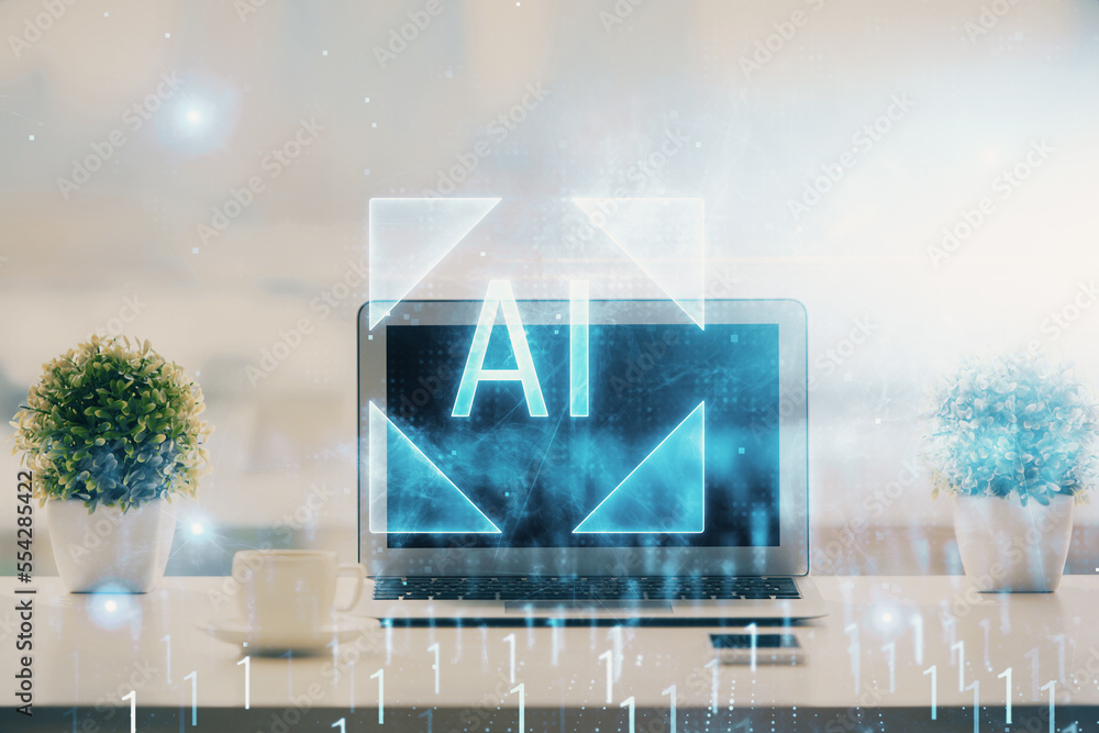 Aufkleber double exposure of table with computer on background and data theme drawing. concept of innovation.