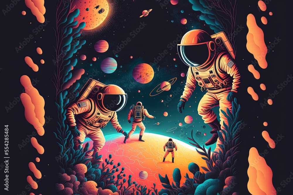 Poster Flyer with a illustration of astronauts exploring space. Generative AI