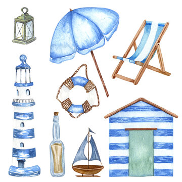 Beautiful Watercolor nautical set. Include lighthouse, anchor, corals, seaweed, whale, shells, steering-wheel and buoy ring