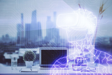 Computer on desktop with AR theme icon. Multi exposure. Concept of augmented reality.