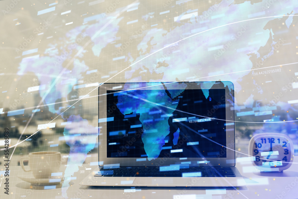 Aufkleber Multi exposure of table with computer on background and data theme drawing. Concept of innovation.