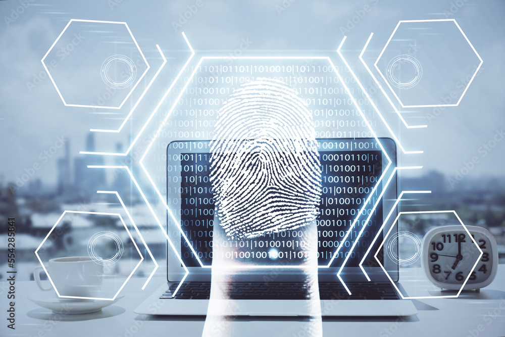 Poster computer on desktop in office with finger print drawing. double exposure. concept of business data s