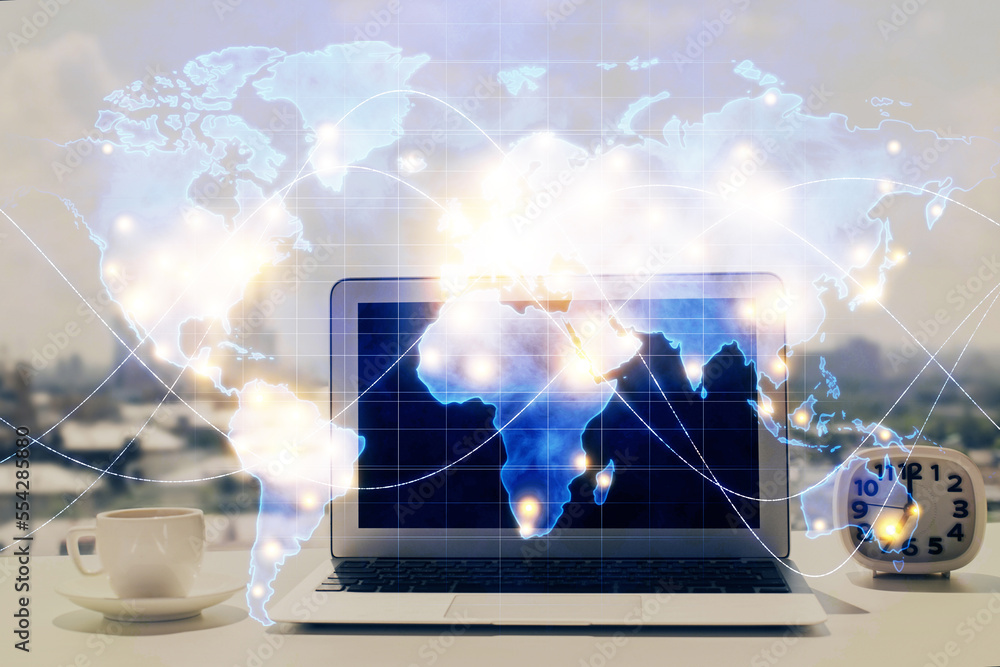 Aufkleber double exposure of business theme icons and work space with computer background. concept of success.