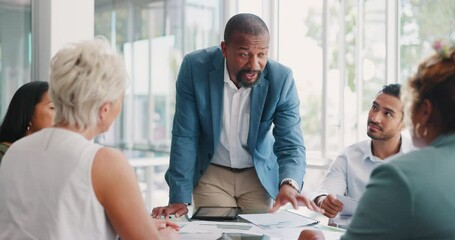 Business, meeting and man leader with financial documents, report and statistics for planning in office. Businessman, leadership and economy growth business meeting for teamwork, review and thinking - Powered by Adobe