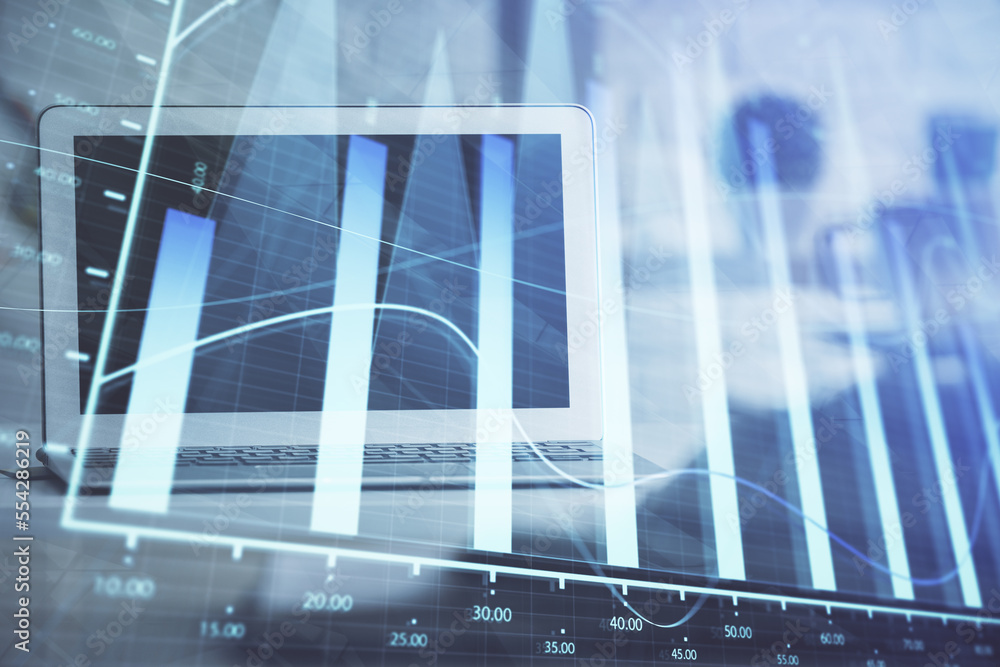 Poster Stock market graph on background with desk and personal computer. Double exposure. Concept of financial analysis.