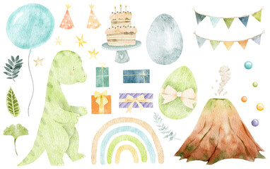 Watercolor cute baby dinosaurs isolated. Tropical jungle illustration. Birthday graphics, rainbow, character design, jurassic hand drawn.  Animal illustration for kids. Prehistoric nursery art. 