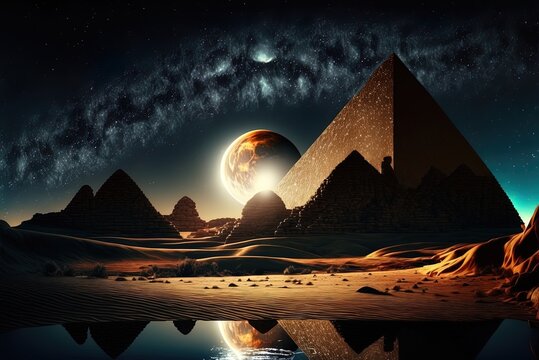 Starry sky with full moon, dark shadows, water, golden sand, and ancient pyramids in the desert; parallel universe, magic realism idea 3d depiction. Generative AI