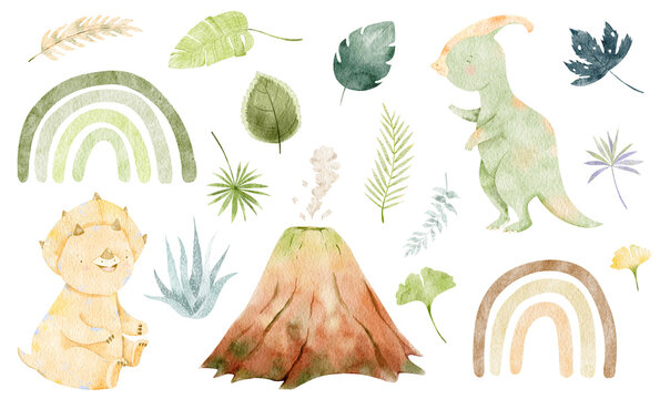 Watercolor cute baby dinosaurs isolated. Tropical jungle illustration. Animal graphics, rainbow character design, jurassic hand drawn clipart.  Baby shower illustration. Prehistoric nursery art. 