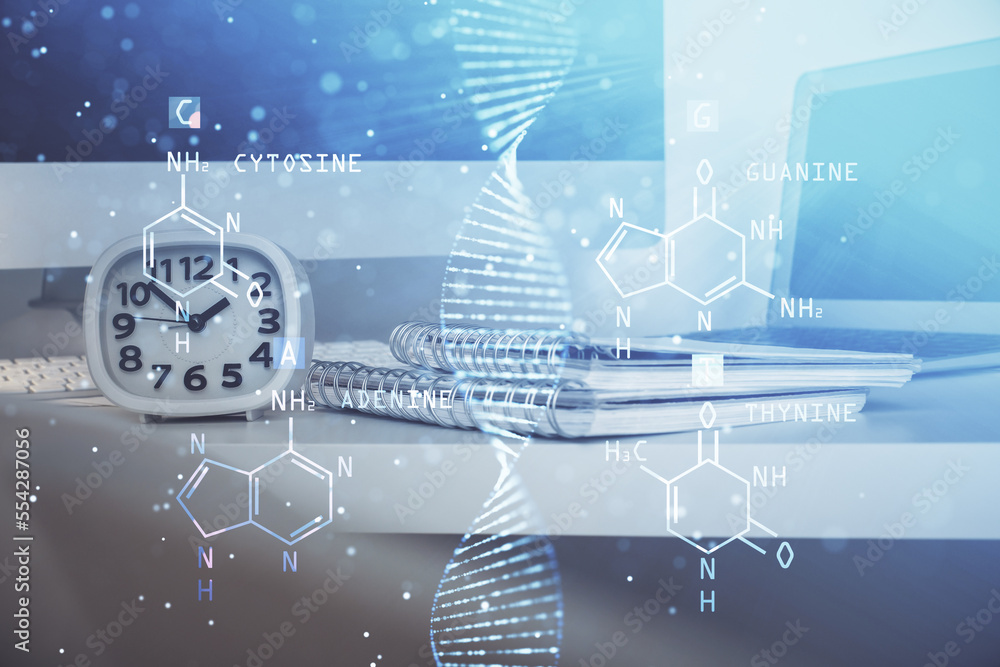 Poster desktop computer background and dna drawing. double exposure. science concept.
