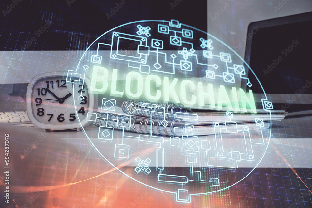 Poster Multi exposure of blockchain theme hologram and table with computer background. Concept of bitcoin crypto currency.