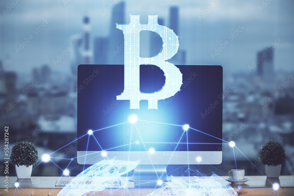 Poster Multi exposure of blockchain theme hologram and table with computer background. Concept of bitcoin crypto currency.