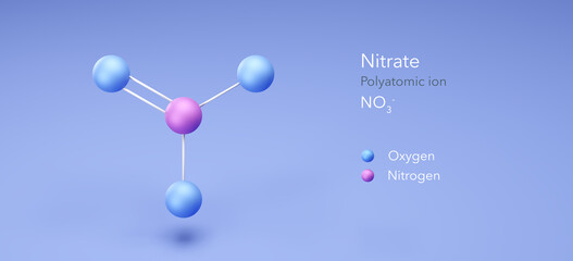 nitrate molecular structures, 3d model Polyatomic ion, Structural Chemical Formula and Atoms with Color Coding
