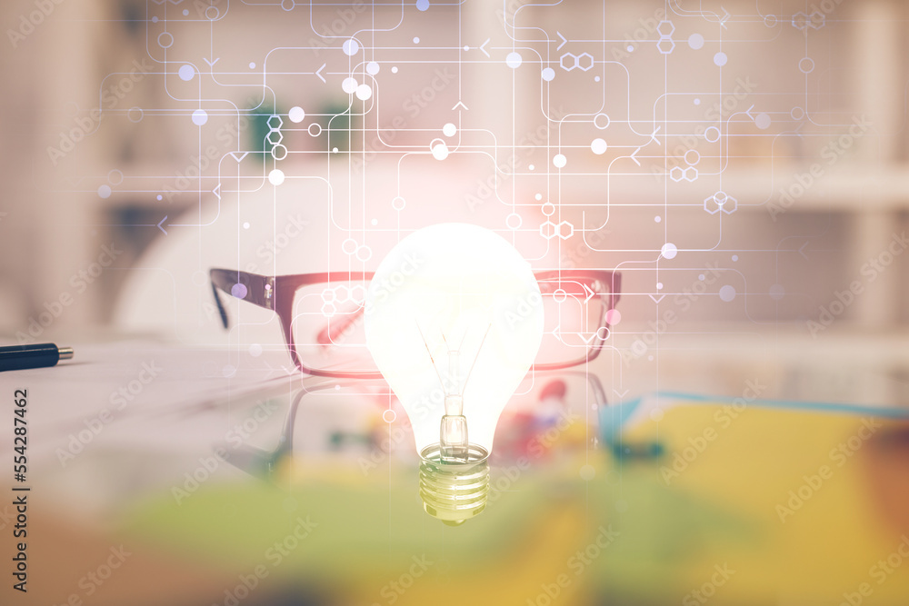 Poster bulb drawing with glasses on the table background. idea concept. double exposure.