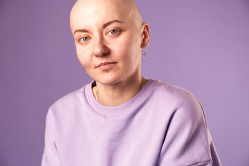 Young woman suffering from cancer laugh smile feel positive about future recovery. Millennial...
