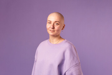 Young woman suffering from cancer laugh smile feel positive about future recovery. Millennial...
