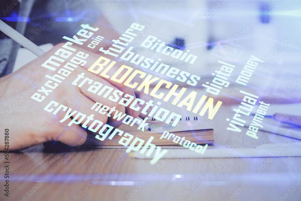 Poster Man's hands working with notes background. Cryptocurrency and finance concept.