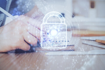 Man hands writing. With double exposure drawings.