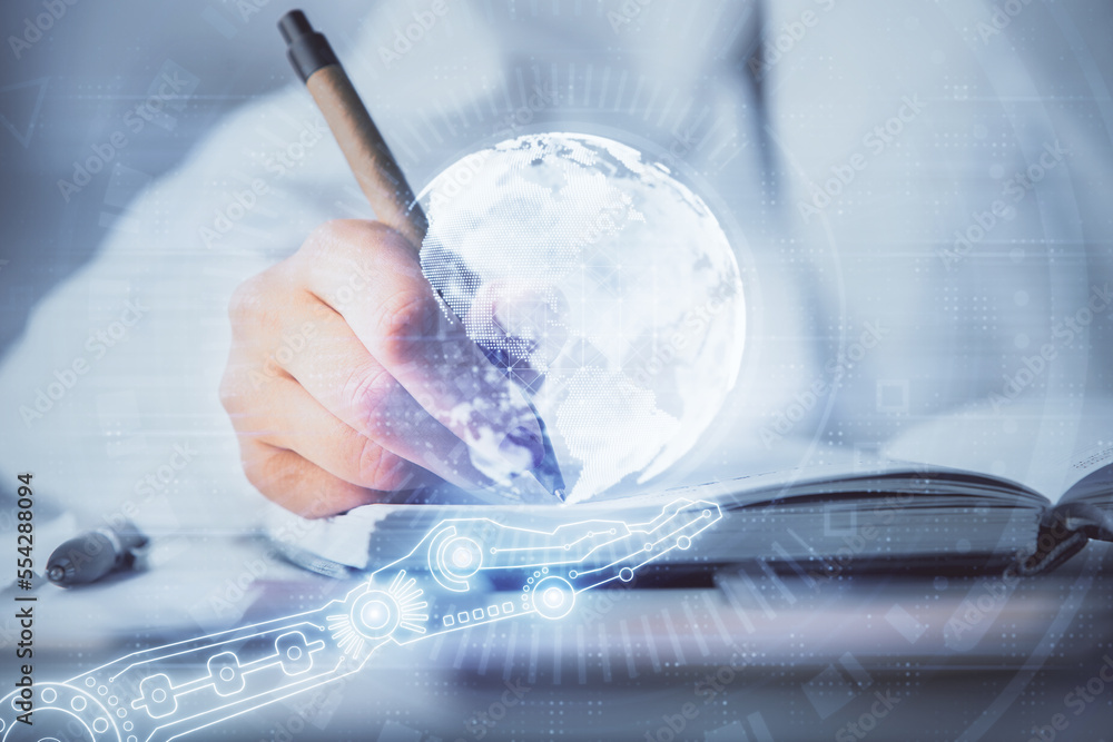 Poster Multi exposure of hands making notes with world map hologram and data theme icons. Concept of global data.