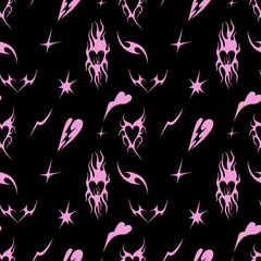 Vector seamless pattern with Y2k icons or stickers with hearts. Brutalist design tattoo compositions or prints. Psychedelic style.