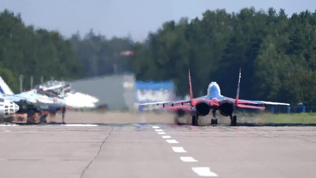 aerobatic team swifts MiG-29 perfoming demonstration flight of the international aerospace salon MAKS-2021.