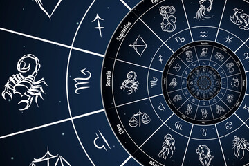 Astrological background with zodiac signs and symbol.